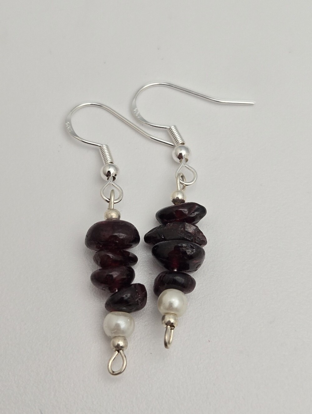 Handmade Garnet Chip Pearl Dangle Earrings Sterling Silver Red Gemstone 1.75"